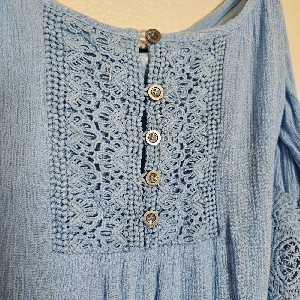 Fashion on Earth Blue Cold Shoulder Mini Dress - Women's S - Lace, Boho, Bell - Picture 5 of 10